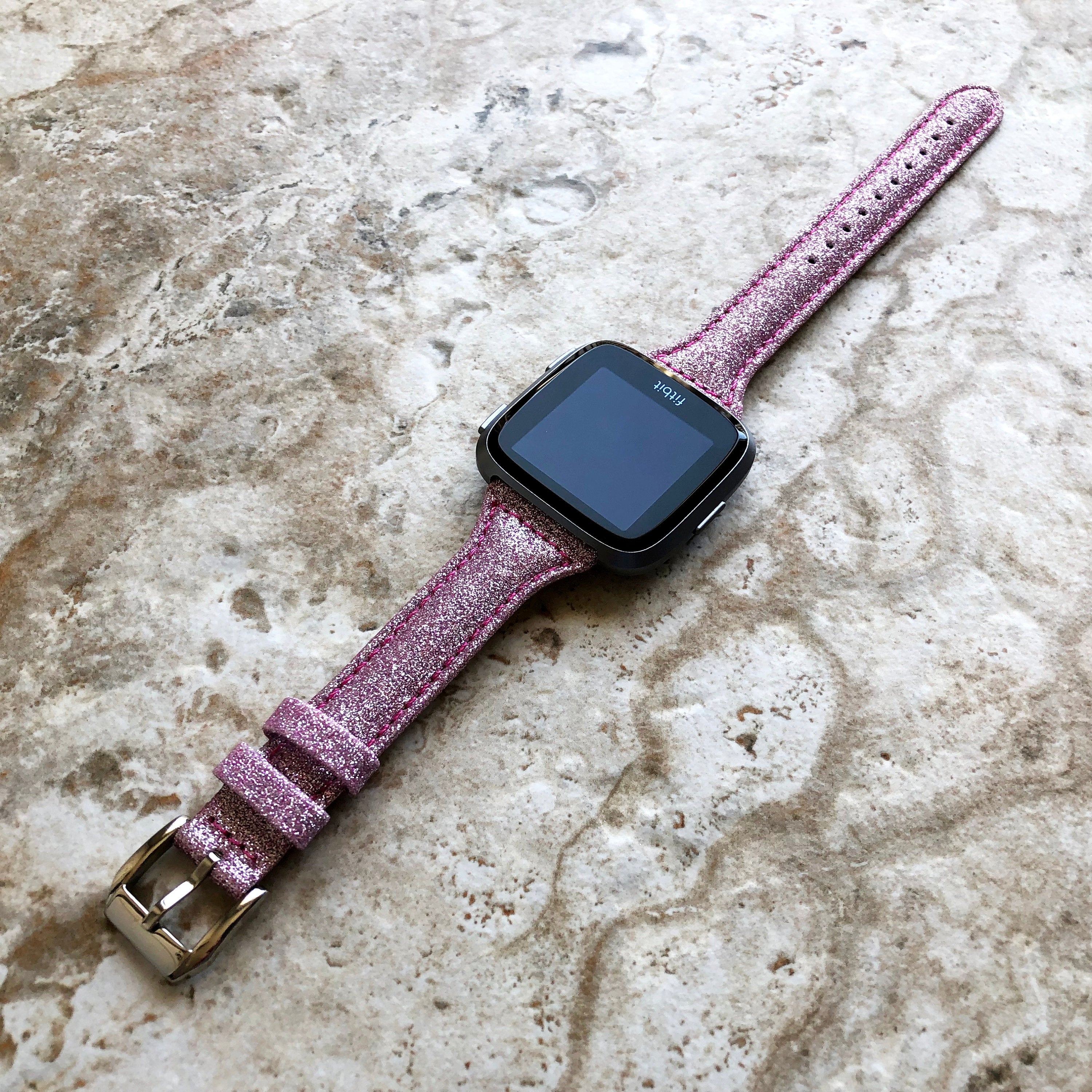 Fitbit Versa 2 3 4 Sense 2 Band Pink Sparkling Glitter Slim Elegant Soft Leather Strap with Stitching Details and Quick Release Attachments